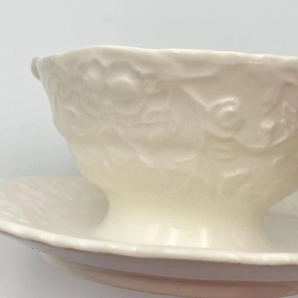 Vintage 1960s Pope Gosser China‎ Rose Point Gravy Boat Attached Underplate USA